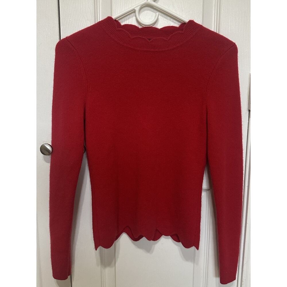 AQUA 100% Cashmere Scalloped Hem Sweater Red LongSleeve Crew Neck Sz XS